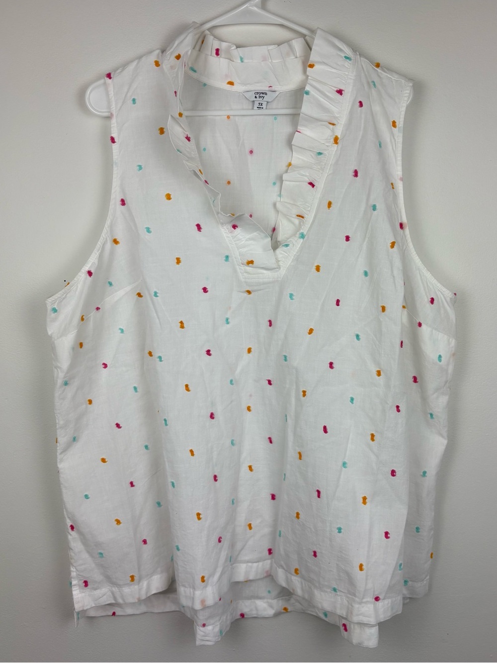 Croft & Barrow 100% Cotton Sleeveless Ruffle Top w/ Multi Tufted Dots 3X EUC